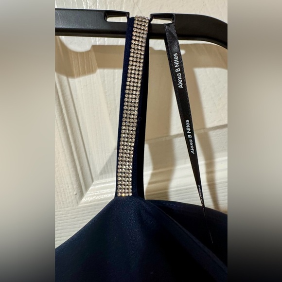 Alexa B Nights Elegant Navy Blue Off-Shoulder rhinestone strap gown Sz. 12P NWT - Picture 8 of 11